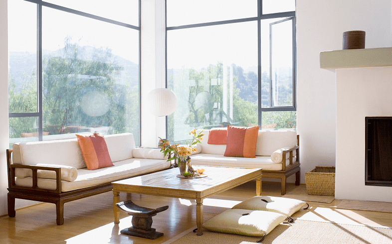 Bright living room with large windows.